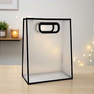 Sacola Transparente Fosca Pvc Alça Plana Preto - 27x21x11cm - 12 unidades - Rizzo
