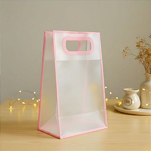 Sacola Transparente Fosca Pvc Alça Plana Rosa Bebê - 25x15x10cm - 12 unidades - Rizzo