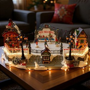 Cenário De Natal - Estação de Patinação no Gelo com Som , Luz e Movimento - 40,5x28x17cm - RZO02305 - 1 unidade - Rizzo