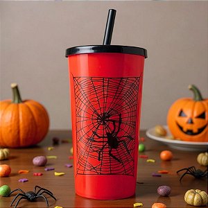 Copo com Tampa e Canudo 600 mL - Aranha - Vermelho e Preto  - 1 unidade - Rizzo