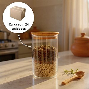 Pote de Vidro Hermético com Tampa de Bambu - 10x15cm - 1000ml  - 24 unidades - Rizzo