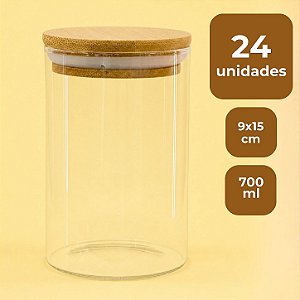 Pote de Vidro Hermético com Tampa de Bambu - 9x15cm - 700ml - 24 unidades - Rizzo