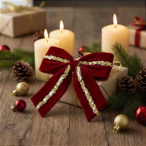 Laço de Veludo Vermelho e Galão Dourado P - 21x22x3cm - 1 unidade - Rizzo