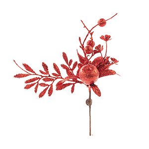Pick Decorativo de Natal - Folhas, Maça com Glitter Vermelho - 25cm - 1 unidade - Cromus - Rizzo