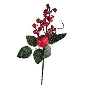 Pick Decorativo de Natal - Folhas e Frutinhas Vermelhas - 25cm - 1 unidade - Rizzo