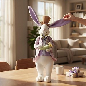Coelho de Páscoa com Roupa Bordada Rosa e Roxa com Cenoura Verde - Linha Realeza Premium - 47cm  - 1 unidade - Rizzo