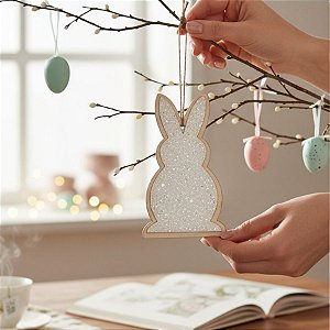 Tag Decorativa de Páscoa em MDF - Coelho de Glitter Branco - 10,5x6cm - 2 unidades - Cromus - Rizzo