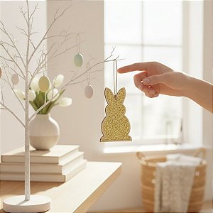 Tag Decorativa de Páscoa em MDF - Coelho de Glitter Dourado - 10,5x6cm - 2 unidades - Cromus - Rizzo