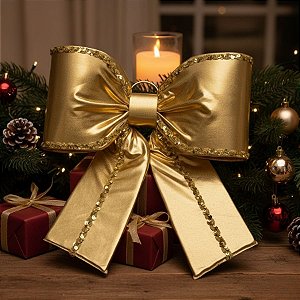 Laço Lamê Dourado Brilhante e Galão GG - 45x50x9,5cm  - 1 unidade - Rizzo