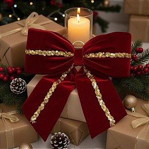 Laço de Veludo Vermelho e Galão Dourado G - 31x39x7cm   - 1 unidade - Rizzo
