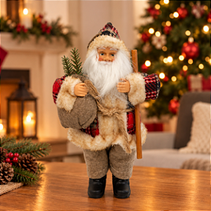 Papai Noel Decorativo em Pé com Saco e Mastro - Vermelho Xadrez - 20cm - 1 unidade - Rizzo
