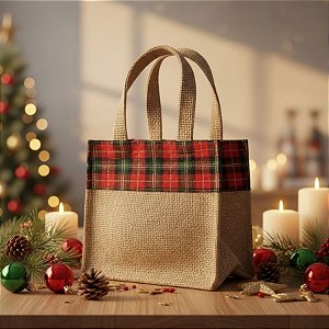 Sacola de Juta de Natal - Vermelho Xadrez  - 18x12x11cm - 1 unidade - EcoArt - Rizzo
