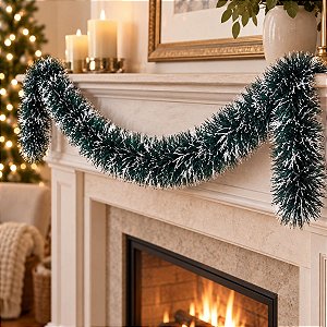 Festão Aramado Decorativo De Natal - Verde Escuro Nevado - 15cmx2m - 1 unidade - Rizzo