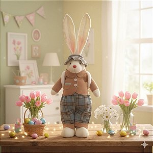 Enfeite Decorativo de Páscoa - Coelho de Roupa Xadrez e Bolsa - 51cm - 1 unidade - Cromus - Rizzo