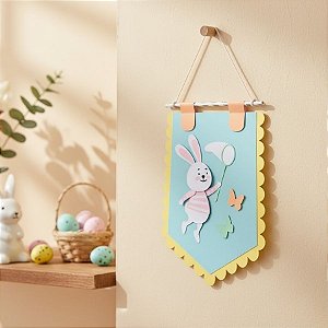 Flamula Decorativa de Páscoa em Papel - Coelho Capturando Borboletas - 27x20cm - 1 unidade - Rizzo