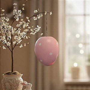 Enfeite Para Pendurar de Páscoa - Ovo Rosa com Bolinhas - 15cm - 1 unidade - FlorArte - Rizzo