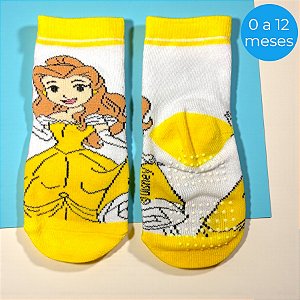 Meia Infantil Antiderrapante - Bela - Amarela - 0 a 12 Meses - 1 unidade - Disney Original - Rizzo