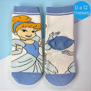 Meia Infantil Antiderrapante - Cinderela - Azul - 0 a 12 Meses - 1 unidade - Disney Original - Rizzo
