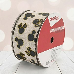 Fita Decorativa Aramada - Mickey e Minnie - Preto e Bege - 6,3x914cm - 1 unidade - Disney Original - Rizzo
