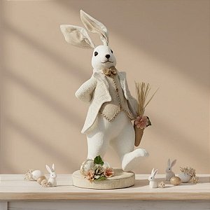 Enfeite Decorativo de Páscoa - Coelho em Pé com Terno Rendado Branco - Linha Realeza Premium - 40x21x27cm - 1 unidade -