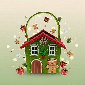 Cesta em Feltro de Natal - Casinha Verde - 14x15x11cm - 1 unidade - Rizzo