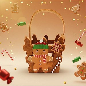 Cesta em Feltro de Natal - Gingerbread de Touca - 13x9x11,6cm - 1 unidade - Rizzo