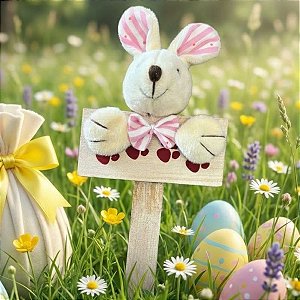 Mini Placa Patinhas Coelho de Páscoa com Laço Rosa Listrado - 18.5cm - 1 unidade - Cromus - Rizzo