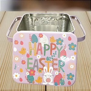 Lata de Metal Retangular com Alça Dupla de Páscoa - Feliz Páscoa - 15,3x12,7x10,6cm - 1 unidade - Rizzo - Rizzo