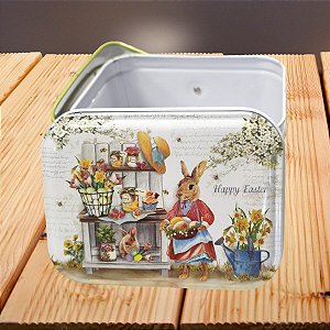 Lata de Metal Retangular com Alça de Páscoa - Coelha com Cesta de Ovos - 10,5x8x6cm  - 1 unidade - Rizzo - Rizzo