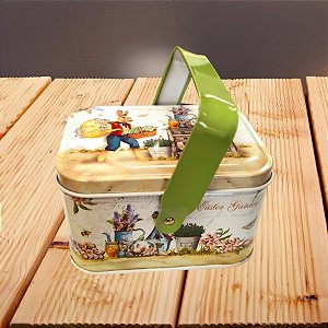 Lata de Metal Retangular com Alça de Páscoa - Coelho em Jardim de Páscoa - 10,5x8x6cm  - 1 unidade - Rizzo - Rizzo