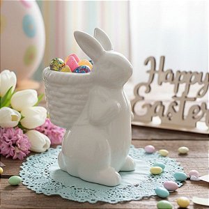 Enfeite Decorativo Páscoa em Cerâmica - Coelho com Cesta nas Costas - Branco - 13,8x6,2x9cm - 1 unidade - Rizzo