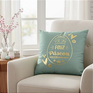 Capa para Almofada de Páscoa - Por Uma Feliz Páscoa - Verde Menta e Dourado - 43x43cm - 1 unidade - Rizzo
