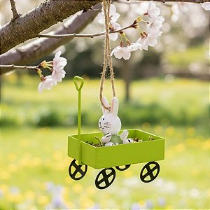 Enfeite Para Pendurar de Páscoa - Carrinho de Mão Verde com Coelho - 8,5x6x4cm - 1 unidade - Cromus - Rizzo
