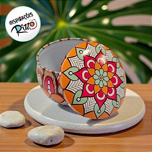 Lata De Metal Estampa De Mandala - Laranja, Vemelho e Verde - 7x7x4cm - 130ml - 1 unidade - Rizzo