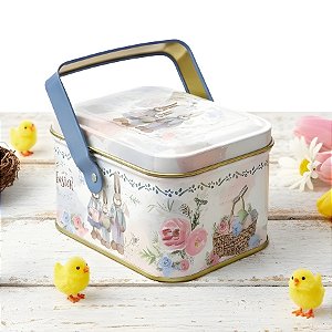 Lata de Metal Retangular com Alça de Páscoa - Família de Coelhinhos - 10,5x8x6cm - 1 unidade - Rizzo