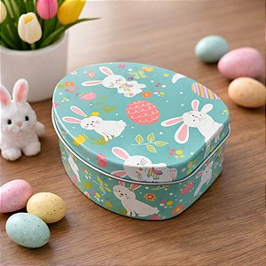 Lata de Metal Ovo de Páscoa - Coelhinhos Turquesa - 11,5x9x4,5cm - 1 unidade - Rizzo