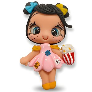 Boneca Caipira Menina em Biscuit - Vestido Rosa com Pipoca - 7cm - 1 unidade - Rizzo