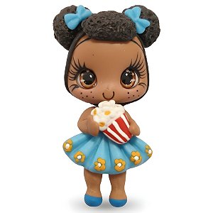 Boneca Caipira Menina em Biscuit - Vestido Azul com Pipoca - 7cm - 1 unidade - Rizzo