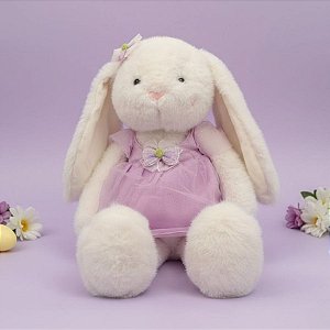 Coelho de Pelúcia Branco de Vestido - Roxo - 62x30x17cm - 1 unidade - Rizzo