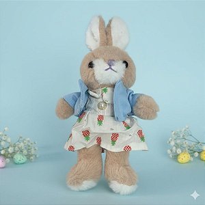 Coelho de Pelúcia Bege de Vestido - Branco e Azul - 17,5x12x7,5cm - 1 unidade - Rizzo