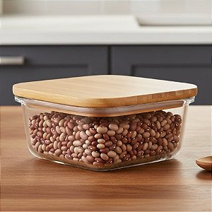 Pote de Vidro Borosilicato Hermético com Tampa de Bambu - 11x11x5,5cm - 500ml - 1 unidade - Cromus - Rizzo