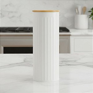 Pote Organizador de Metal com Tampa de Bambu - Bege - 28x11x11cm - 1 unidade - Cromus - Rizzo