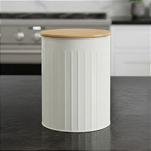 Pote Organizador de Metal com Tampa de Bambu - Bege - 17,5x13x13cm - 1 unidade - Cromus - Rizzo