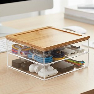 Caixa Organizador Duplo - Acrílico com Tampa de Bambu - 19x19x10cm - 1 unidade - Cromus - Rizzo
