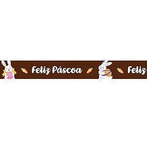 Fita de Cetim 22mm x 10m - Feliz Páscoa Coelhos e Cenoura Marrom - ECF005TR Cor 238 - Rolo 10m - 1 unidade - Fitas Progr