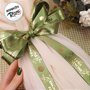 Fita de Cetim 22mm x 10m - Feliz Páscoa Gold Verde - ECF005H Cor 1107 - Rolo 10m - 1 unidade - Fitas Progresso - Rizzo