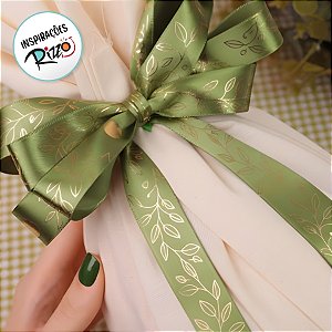 Fita de Cetim 15mm x 10m - Ramos Dourados Fundo Verde - ECF003H Cor 523 - Rolo 10m - 1 unidade - Fitas Progresso - Rizzo