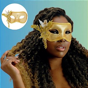 Máscara De Carnaval Com Elástico - Paetê Com Flor Ouro - 1 unidade - Cromus - Rizzo