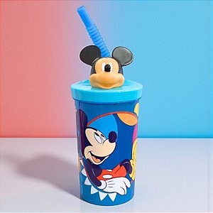 Copo com Tampa e Canudo - Mickey Mouse 3D - Azul - 360ml - Disney Original - 1 unidade - Rizzo