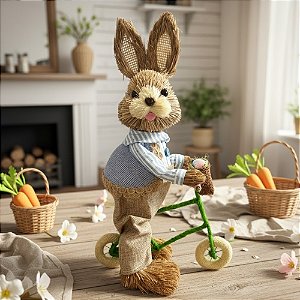 Enfeite Decorativo de Páscoa - Coelho de Palha na Bicicleta - 40x21x12cm - 1 unidade - FlorArte - Rizzo